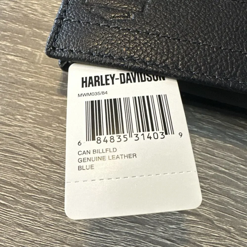Harley-Davidson Men's Genuine Leather With Calvary Canvas Trim Billfold Blue